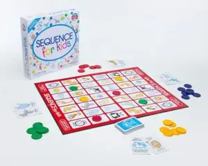 Play a card from your hand, place your chip on a corresponding character on the board When you have 4 in a row, it’s a SEQUENCE and you win! Use a UNICORN card to place your chip anywhere. Remove your opponent’s chip with a DRAGON card. Have fun with you friends playing SEQUENCE FOR KIDS ! From the Manufacturer A SEQUENCE GAME JUST FOR KIDS! Play a card from your hand, place your chip on a corresponding character on the board When you have 4 in a row, it’s a SEQUENCE and you win! Use a UNICORN card to place your chip anywhere. Remove your opponent’s chip with a DRAGON card. Have fun with you friends playing SEQUENCE FOR KIDS ! From the Manufacturer A SEQUENCE GAME JUST FOR KIDS!